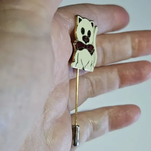 Vintage Gold Tone White Cloisonne Cat With Red Bow Stick Pin Lapel Hat - Picture 5 of 10